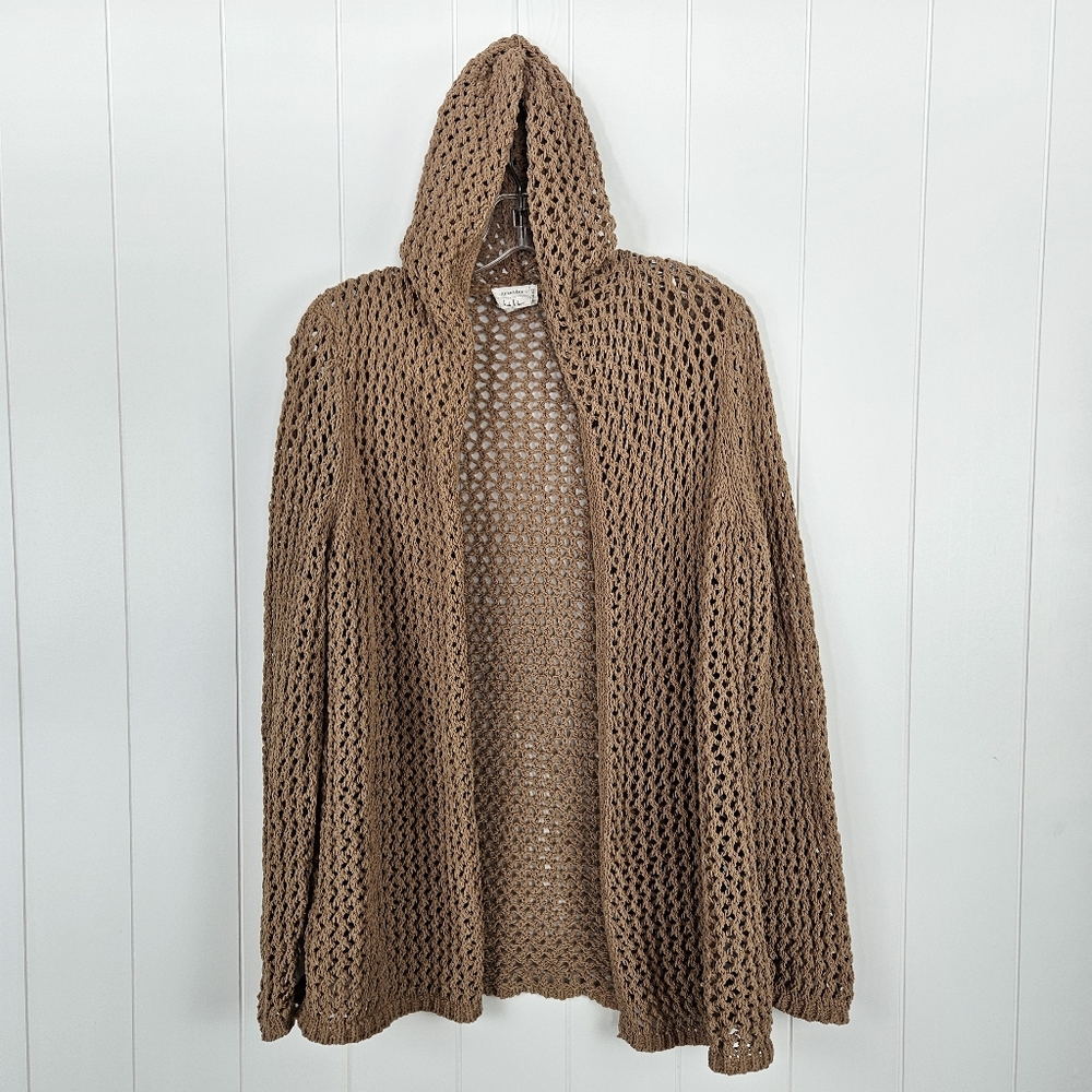 Crochet Cardigan Open Front Hooded Beige Festival Womens Artelier Nicole Miller